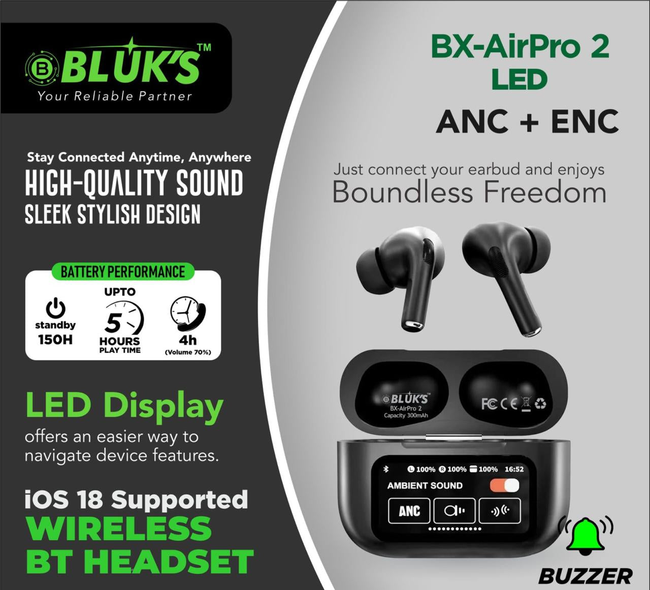 LED PRO 2 BLACK WITH ANC/ENC (1 YEAR WARRANTY)