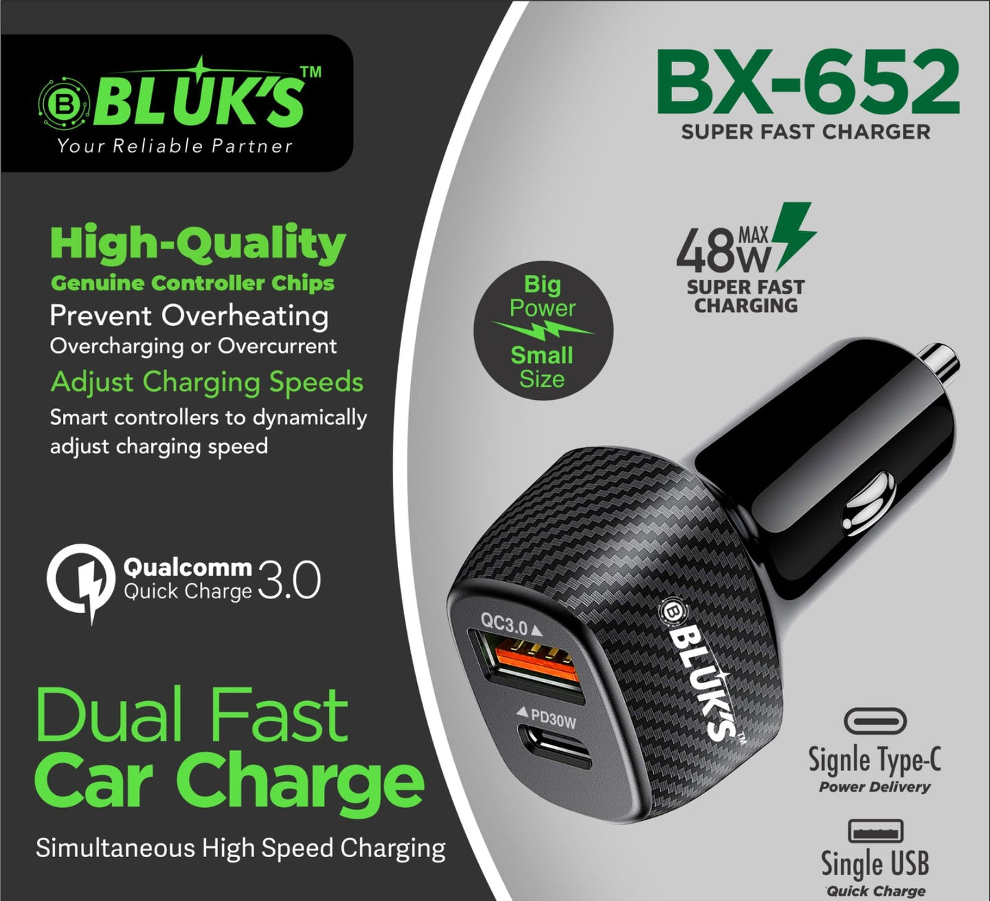 BX-652 Dual Fast Car Charge Metal 48W