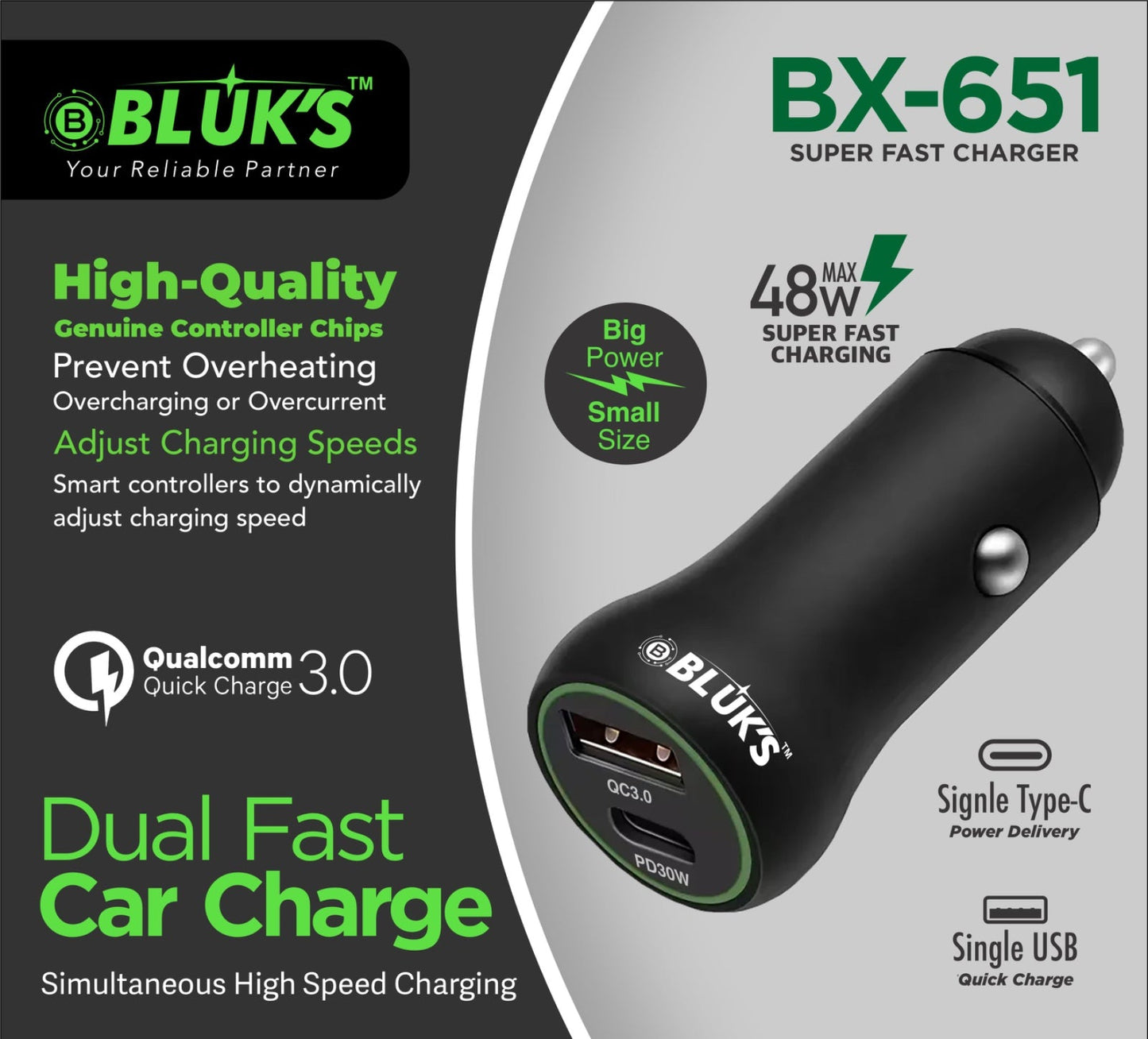 BX-651 Dual Fast Car Charge Metal 48W
